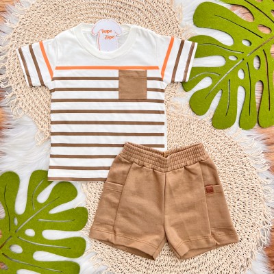 Conj. Camiseta Listrada com Bolso e Bermuda - Laranja e Ferrugem